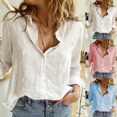 Loose Button Lapel Cardigan Top Long Sleeve Shirt for Women in various colors and sizes
