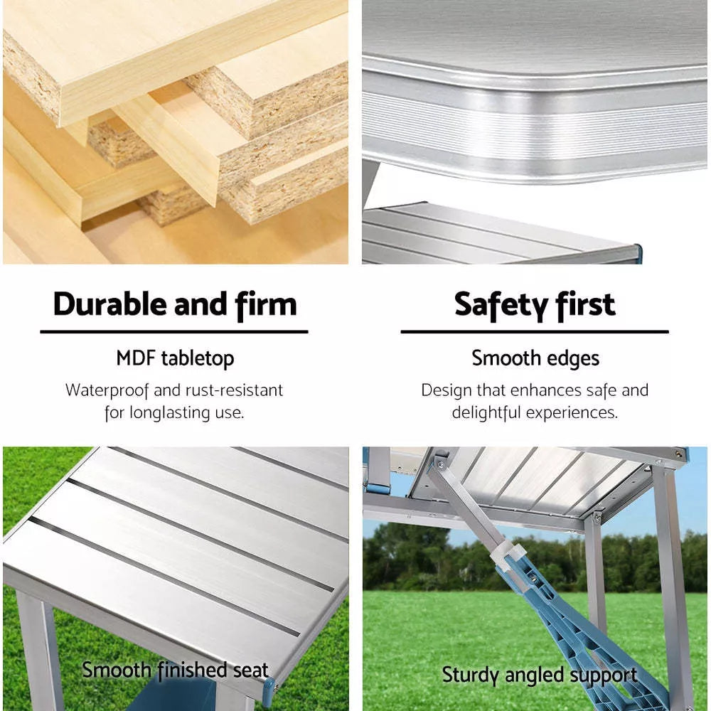 Aluminum alloy folding table and chair set in silver gray and blue, perfect for outdoor use