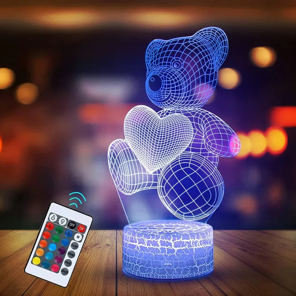 3D acrylic teddy bear LED night light with remote control showing 16 colour options and 85mm base