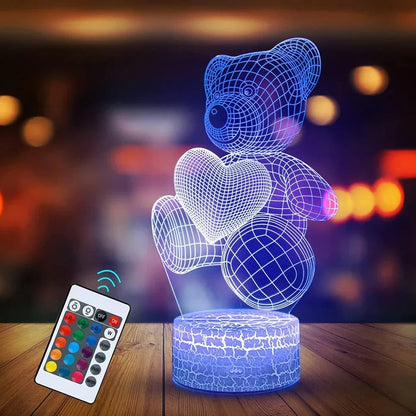 3D acrylic teddy bear LED night light with remote control showing 16 colour options and 85mm base