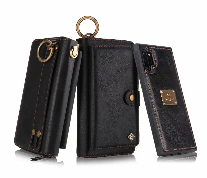 Black PU leather zipper wallet case open next to a Samsung Galaxy phone.
