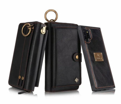 Black PU leather zipper wallet case open next to a Samsung Galaxy phone.