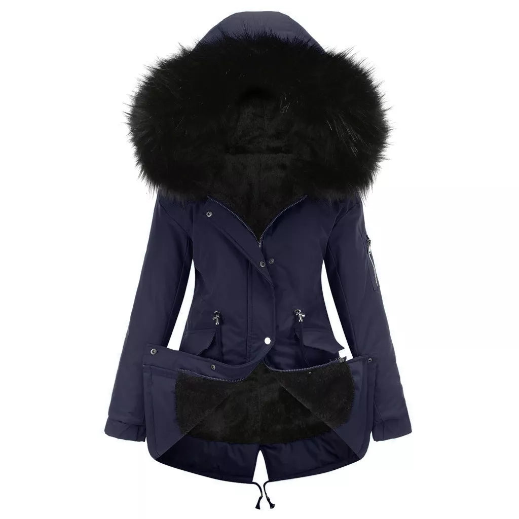 Mid-length hooded parka in various colors, ideal for cold weather protection