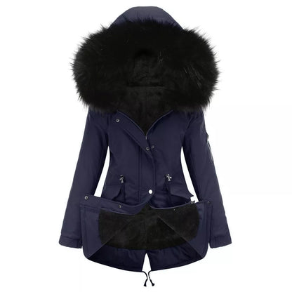 Mid-length hooded parka in various colors, ideal for cold weather protection