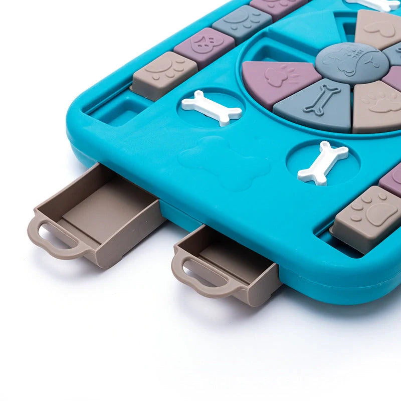 Interactive blue dog food dispenser toy for mental stimulation and slow feeding