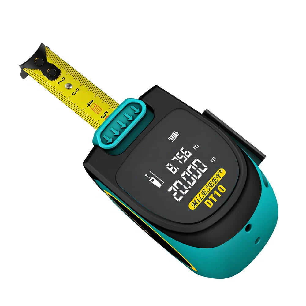 2-in-1 laser tape measure tool with extended tape and magnetic hook for metal surfaces