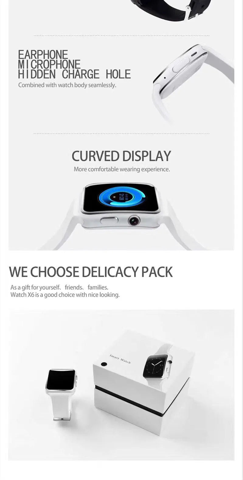 Smart watch with 1.54-inch touch screen display and silicone strap in black, gold, or white colours