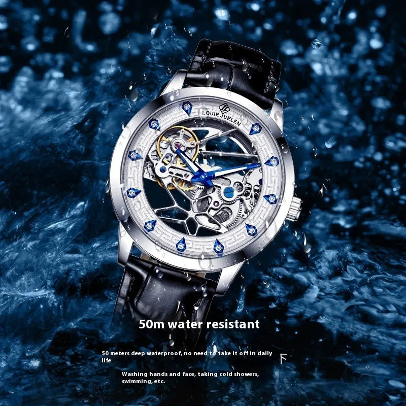 Men's silver case mechanical watch with white dial, blue hands, and black genuine leather strap