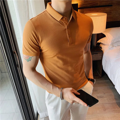 Solid colour cotton blend polo shirt with lapel collar and short sleeves in Korean style fit