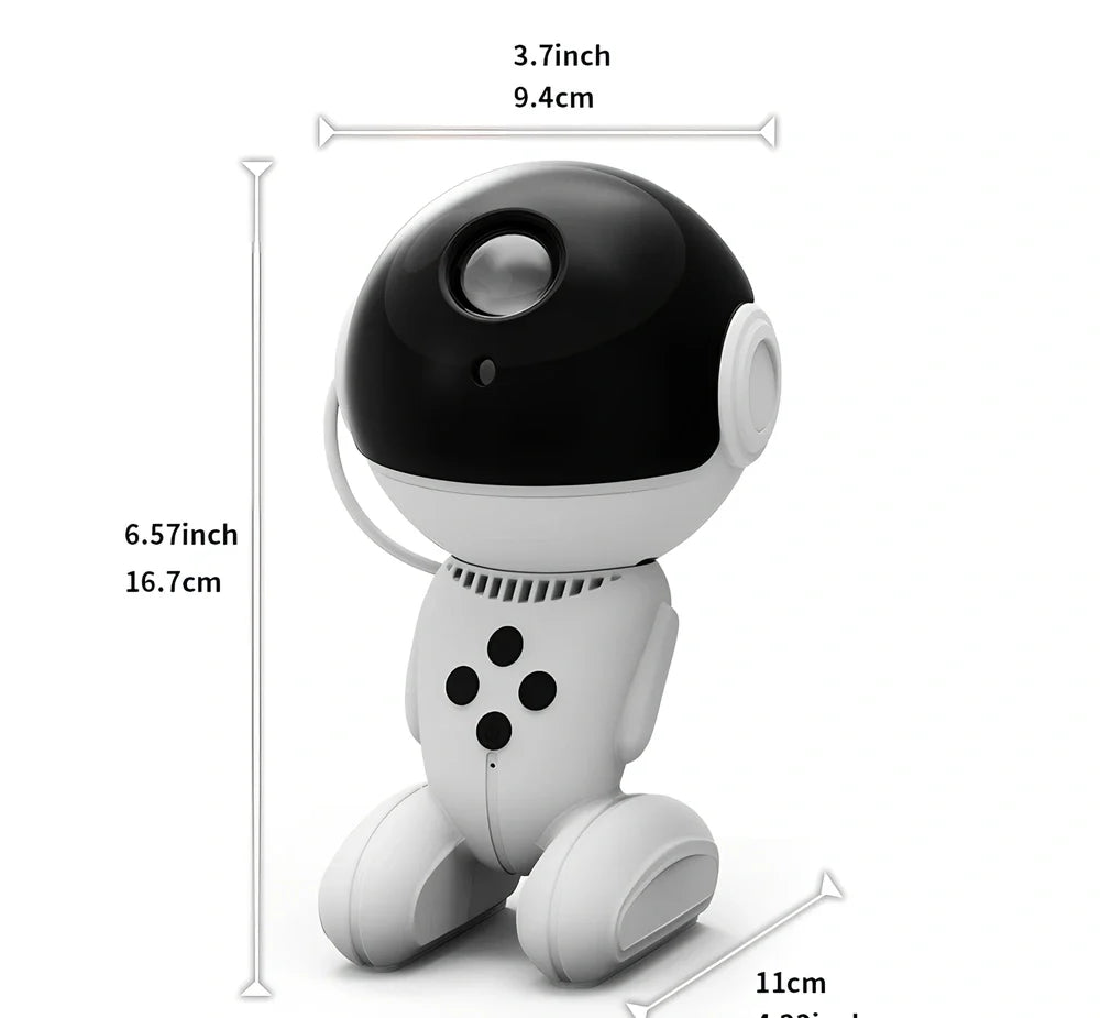 White robot-shaped star light projection lamp with USB cable and remote control on table