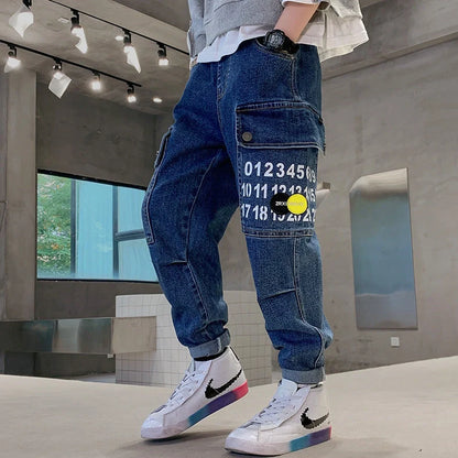 Blue printed fashion girdled jeans for boys with elasticated rubber band waistband and Korean style cut