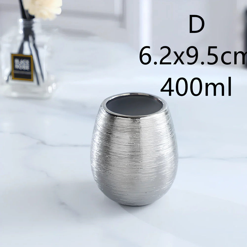 Handmade brushed ceramic five-piece bathroom set in silver with modern design