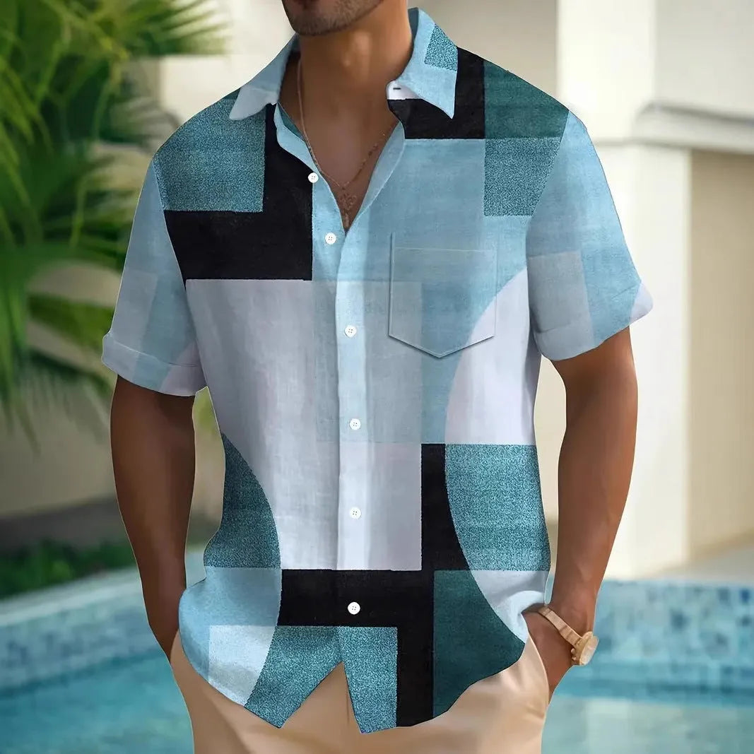 Man wearing a loose-fit short sleeve cardigan shirt with a retro geometric square pattern in contrasting colours.