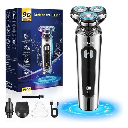 USB rechargeable beard trimmer with digital display and floating cutter head on five-in-one base bracket
