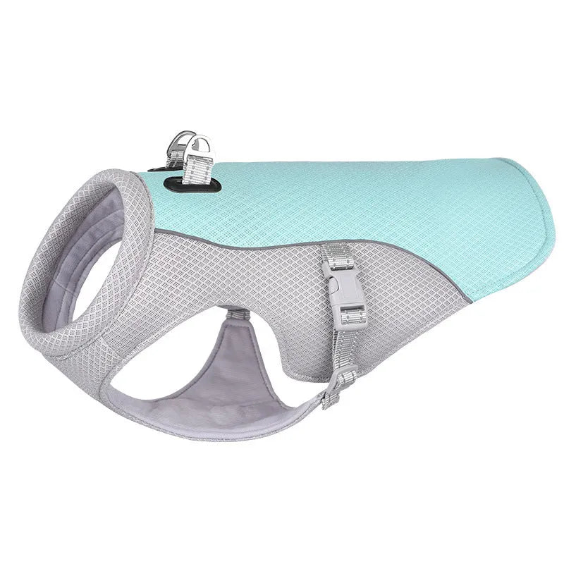 Orange polyester dog cooling vest showing layered construction and adjustable fit on a medium-sized dog.