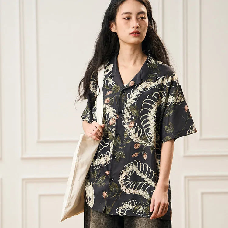 Original designer short sleeve Cuban collar shirt with floral pattern, loose fit, and acetate fibre fabric for summer wear.