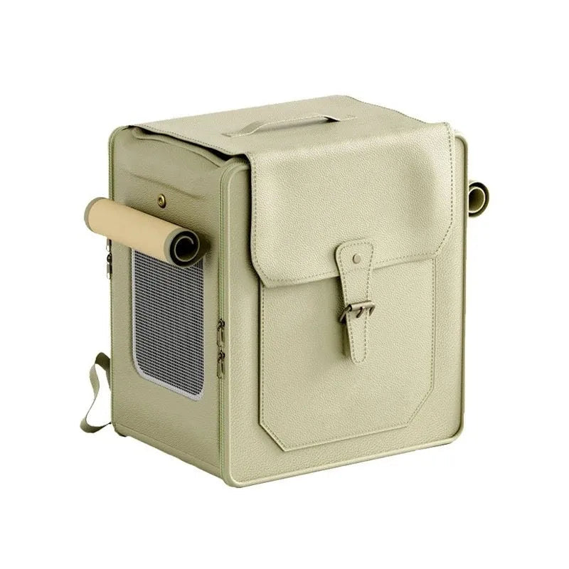 Foldable large capacity cat carrier bag in hard PU, shown in milky white or army green with optional pull rod