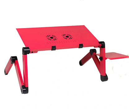 Black aluminium folding computer desk with adjustable legs and non-slip baffles for laptop stability