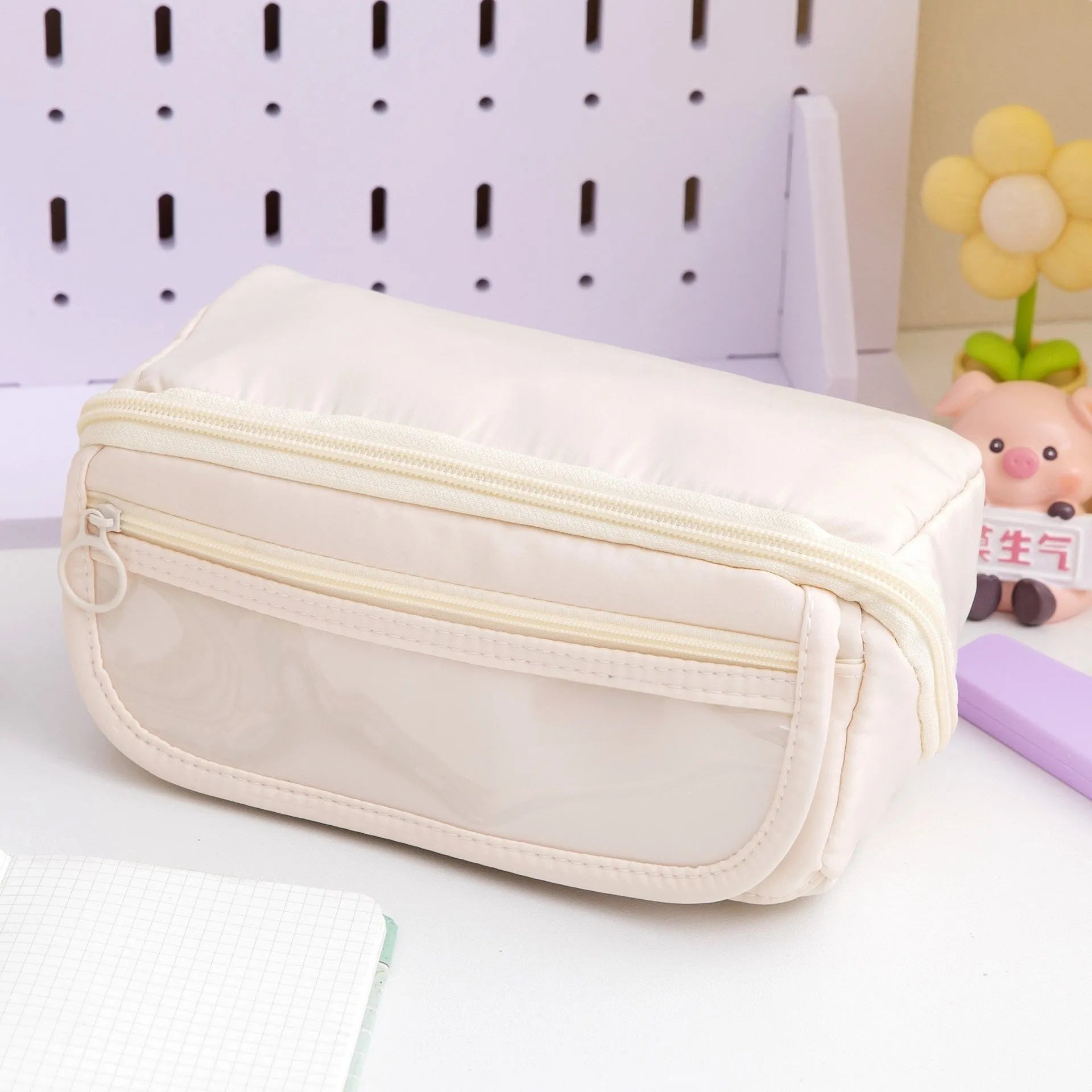 Korean-style canvas pencil case showing ten-layer flip design in Girl Pink colour