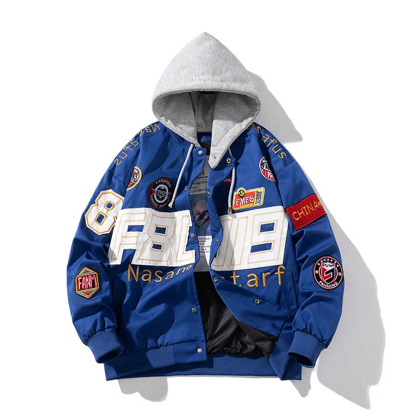 American motorcycle baseball uniform jacket with removable hood and side seam pockets in black colour