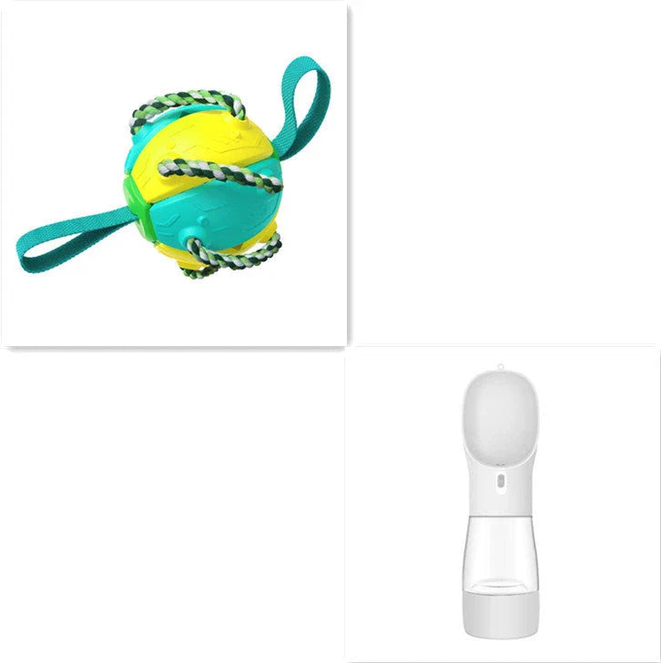 Transforming dog toy that can switch between a ball and frisbee shape, featuring durable construction and interactive play features