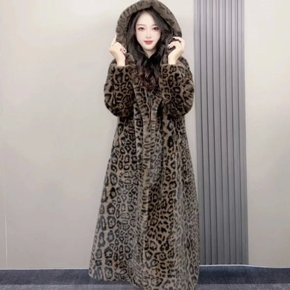 Brown leopard print faux fur coat with regular sleeves, 100cm length, plus size outerwear