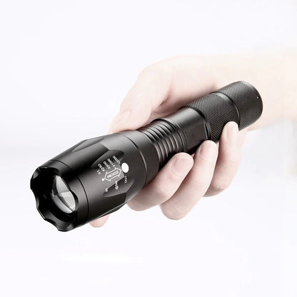 Zoomable LED flashlight for outdoor adventures, adjustable focus, durable aluminum alloy construction.