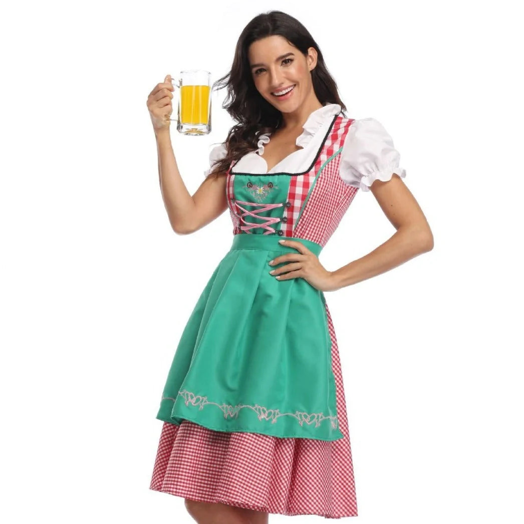 Authentic Oktoberfest dirndl dress with apron and ribbon in red denim, featuring traditional Bavarian-inspired design and comfortable polyester fabric