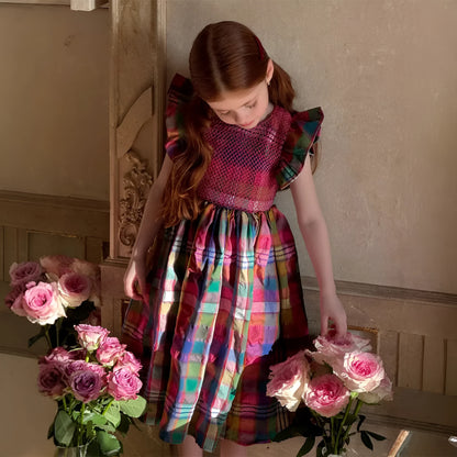 Girls' retro plaid sleeveless cotton dress in coffee plaid or red plaid, height sizes 90cm to 140cm
