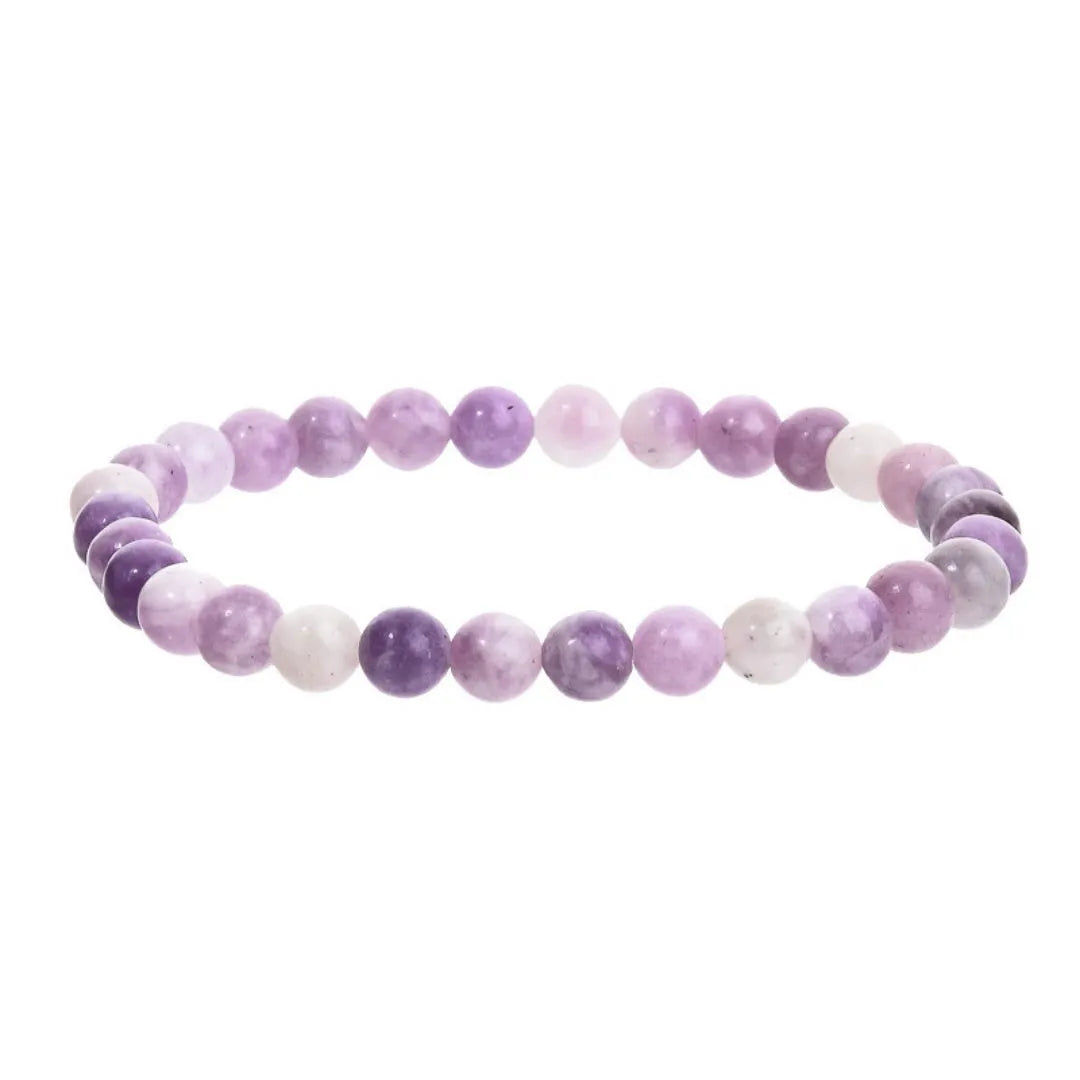 Purple geometric stone bead bracelet on an elastic band, showing manual craftsmanship.