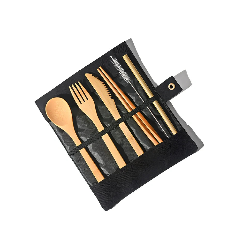 Bamboo travel cutlery set with 7 Japanese-style utensils in carrying pouch for sustainable dining
