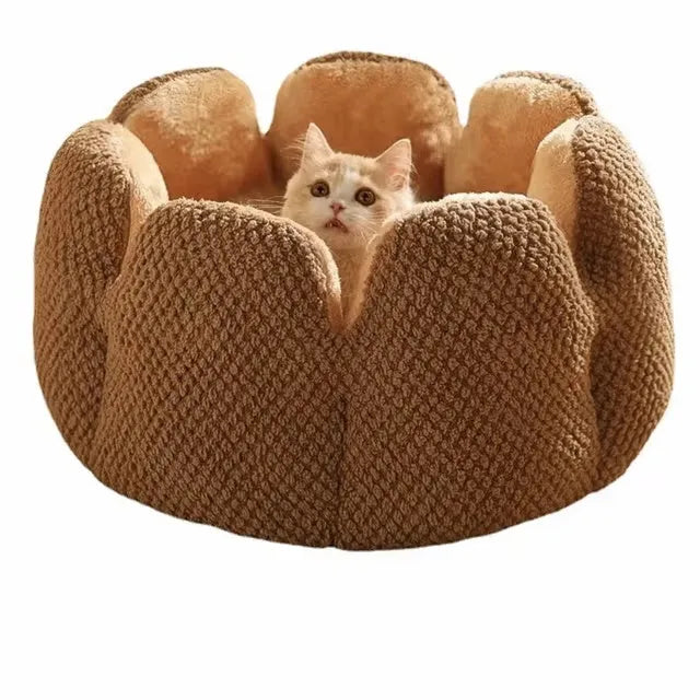 Green cactus petal shape pet bed for cats and dogs on a hardwood floor.