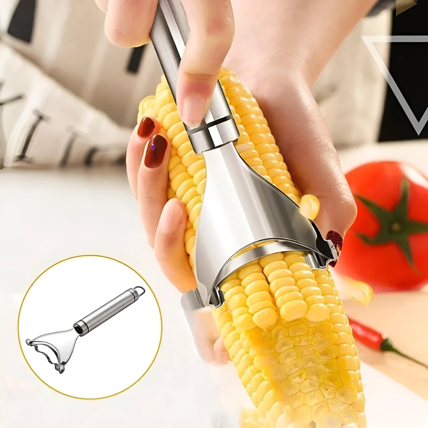 Stainless steel corn planer for removing kernels from corn on the cob.