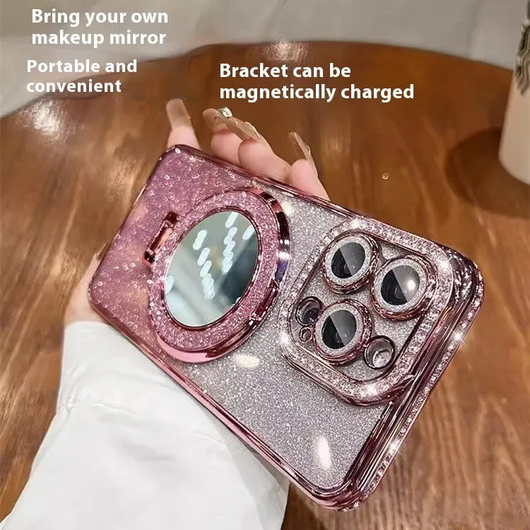 Glittering gradient iPhone case with an attached bracket for holding a makeup mirror.
