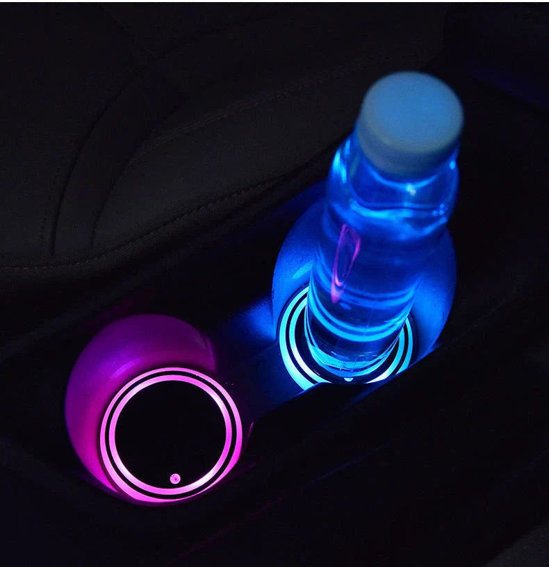 Colorful LED cup holder coaster with 7 color lighting options, solar and USB charging capabilities, and non-slip design for secure drinks in your car