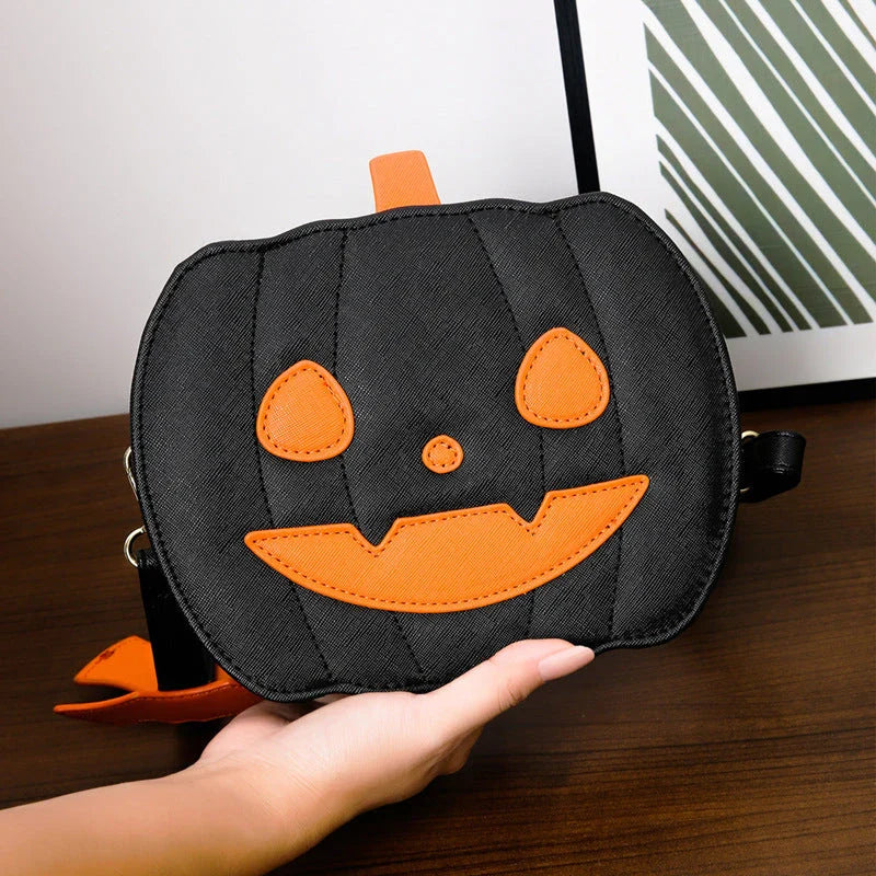 Stylish Halloween crossbody bag with pumpkin cartoon and bat design, available in multiple vibrant colors