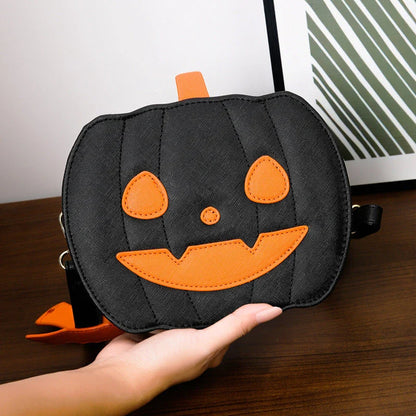 Stylish Halloween crossbody bag with pumpkin cartoon and bat design, available in multiple vibrant colors