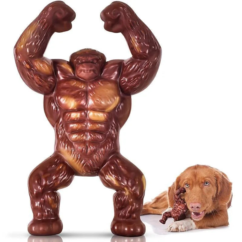 Scarlet nylon dog molar chewing toy with beef flavour, shown alongside dimensions