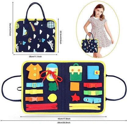 Children's busy board with dressing and buttoning features for early learning