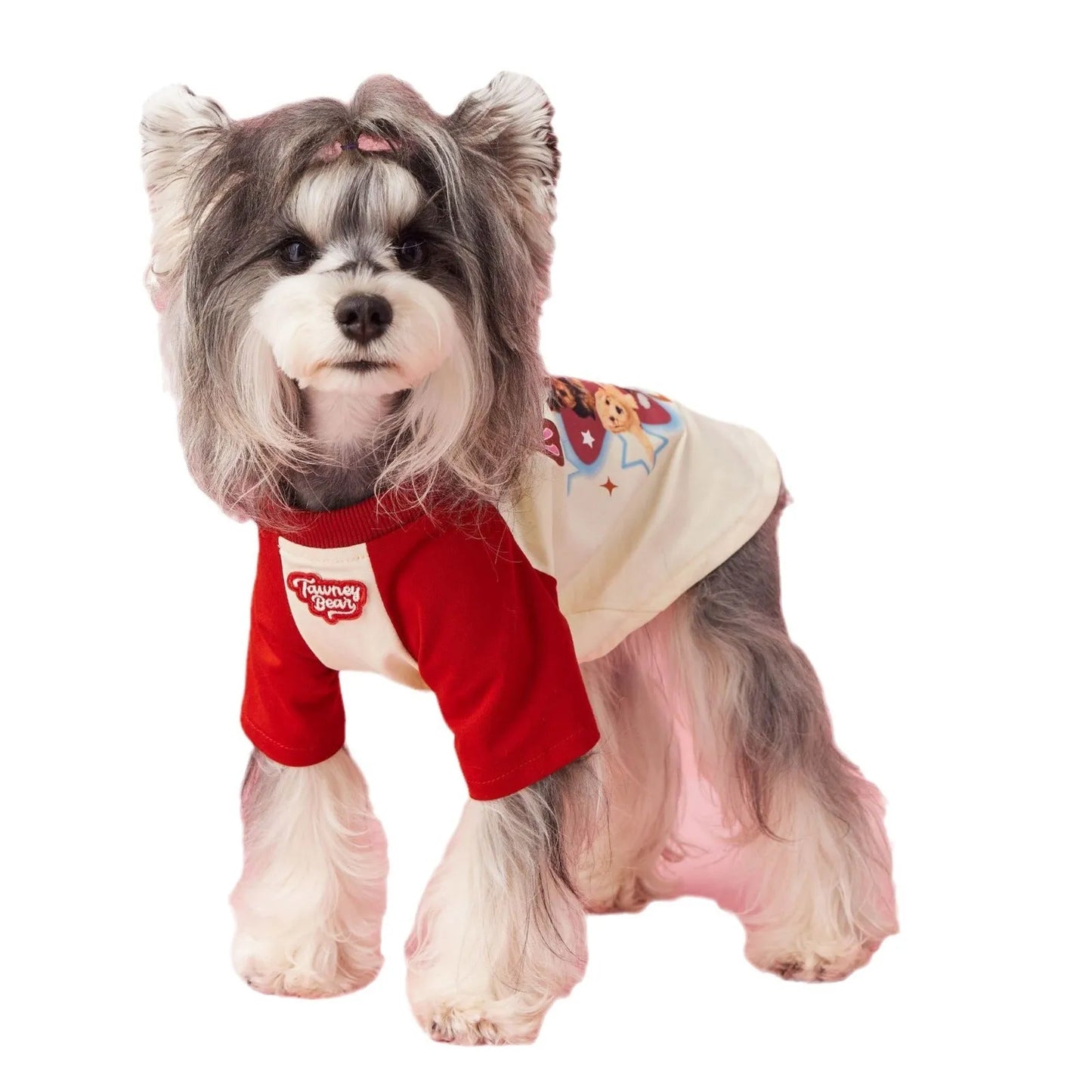 Cotton dog summer clothes with contrasting colour panels in embroidered red or pink options