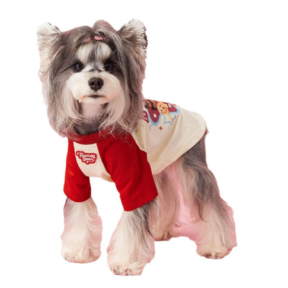 Cotton dog summer clothes with contrasting colour panels in embroidered red or pink options