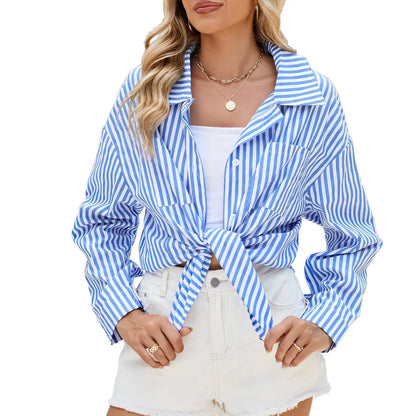 Trendy striped long sleeve blouse with pockets, available in various color options for casual, comfortable, and chic styling