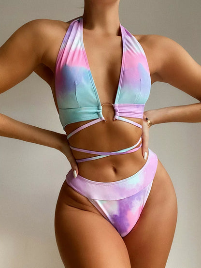 Tie-dye nylon bikini with quick-dry feature and high elasticity for a perfect fit