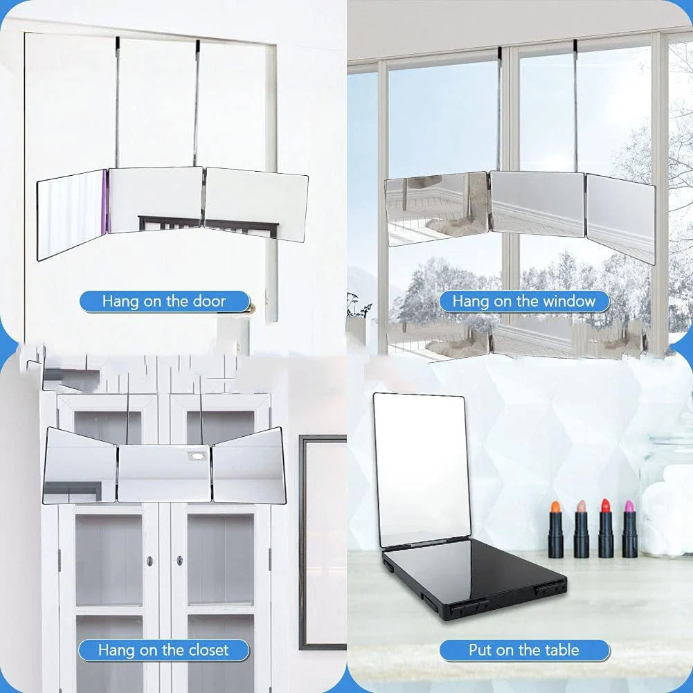 Telescopic Hanging Three-sided Folding Makeup Mirror with 360-degree view for DIY haircuts