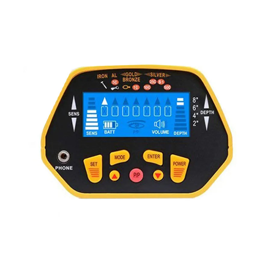 GC1028 black and yellow metal detector with LCD display, adjustable pole, and 20cm waterproof search coil for treasure hunting