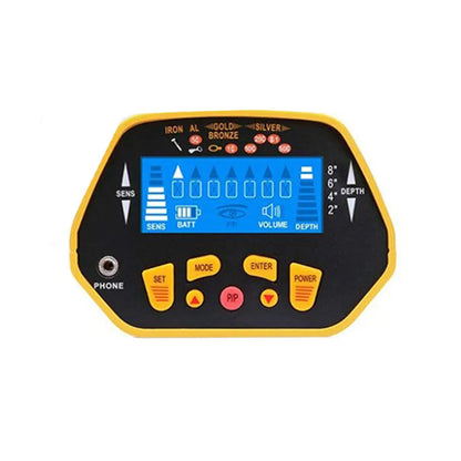 GC1028 black and yellow metal detector with LCD display, adjustable pole, and 20cm waterproof search coil for treasure hunting