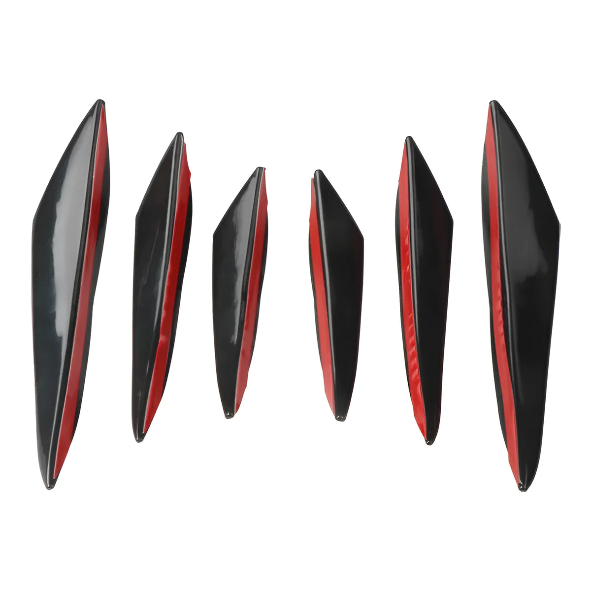 Six-piece carbon fibre front bumper spoiler air knife set in black, lengths 13.5cm, 16.5cm and 20.5cm