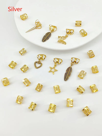 Antique style dirty braid hair rings in electroplated gold or silver alloy, 26-piece pack