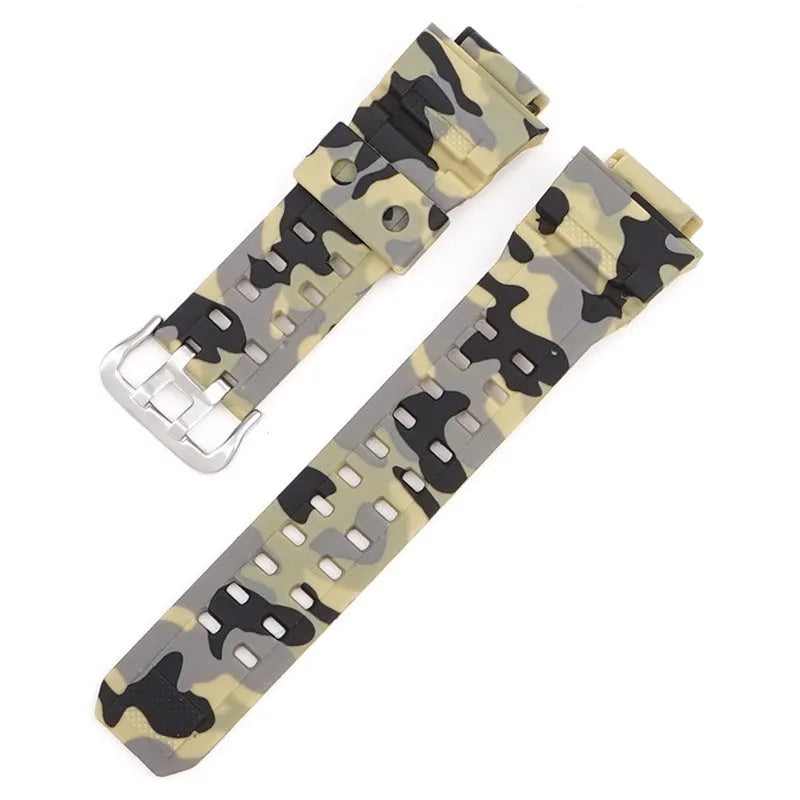 Camouflage pattern TPU watchband with silver buckle showing 12+7cm length and 2mm thickness
