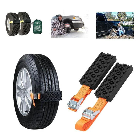Heavy-duty snow tire chains with rubber and nylon construction for superior traction on snow, ice, and mud